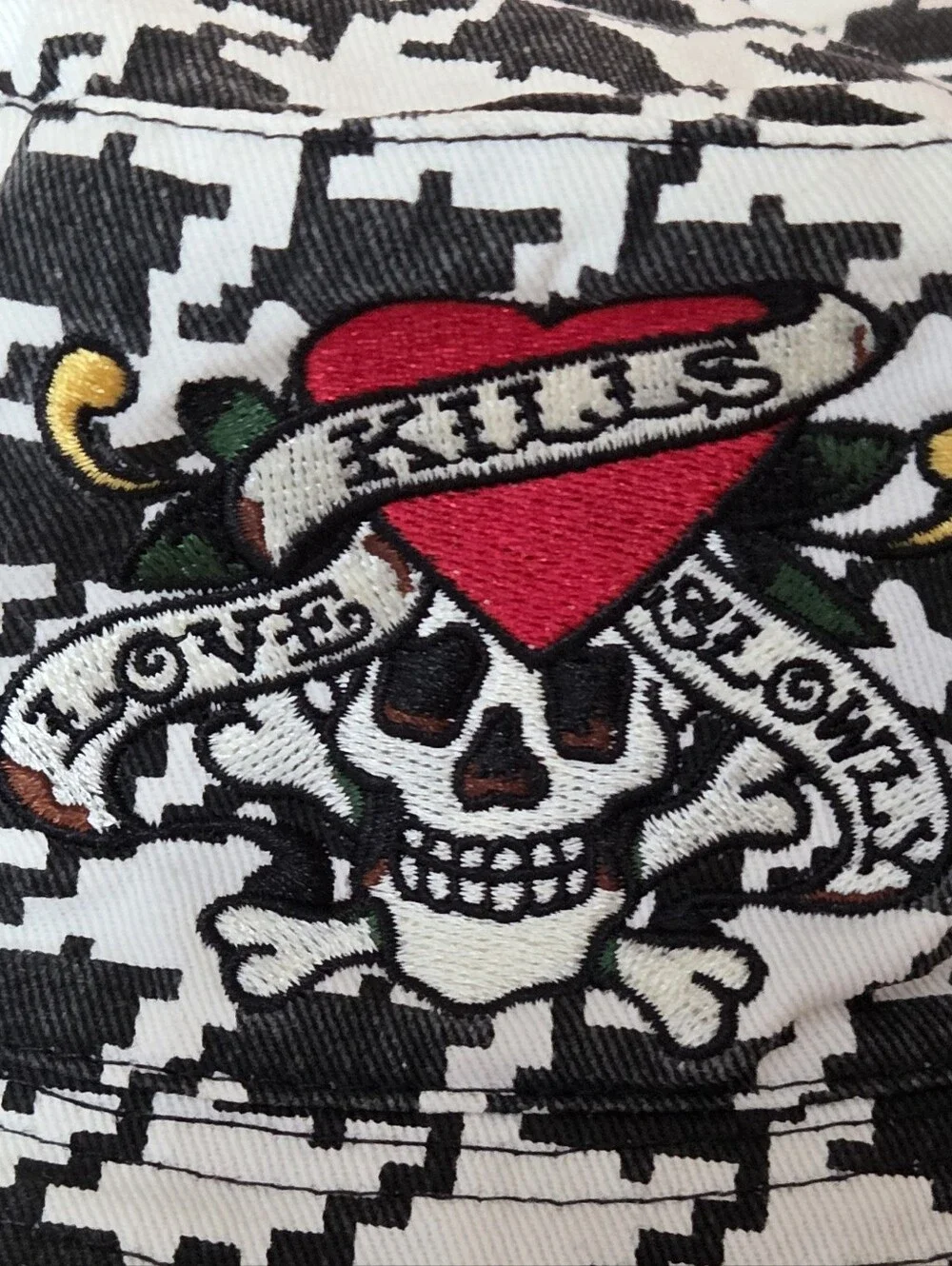 Ed Hardy Black & White Houndstooth Bucket Hat with Skull Patch
